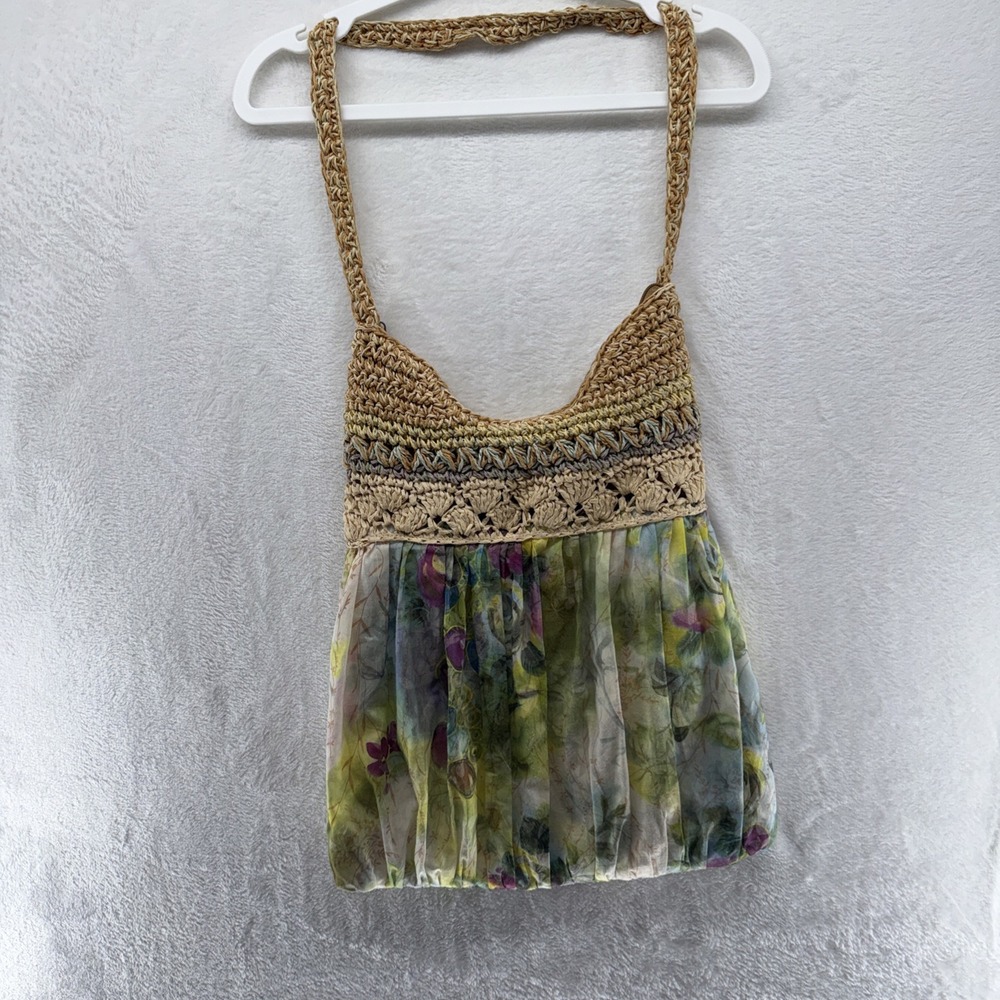 Cappelli Straworld Crochet Floral Chiffon Boho Shoulder Bag Tan Green Purple